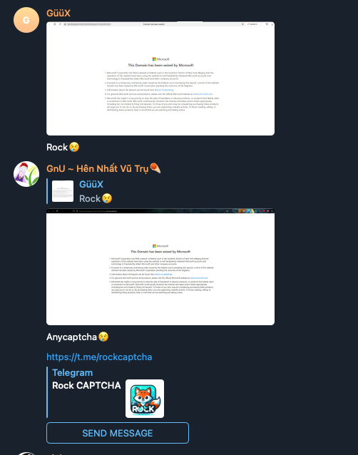 Cutline: Screenshot of Telegram chatter the day Microsoft seized Storm-1152’s domain RockCAPTCHA.